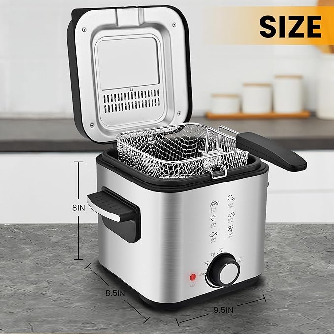 PUKOMC Electric Deep Fryer, 1.5 Liters/1.6 Qt. Oil Capacity, Small Deep Fryer with Basket for Home Use, Cool Touch Sides Easy to Clean, Nonstick Basket