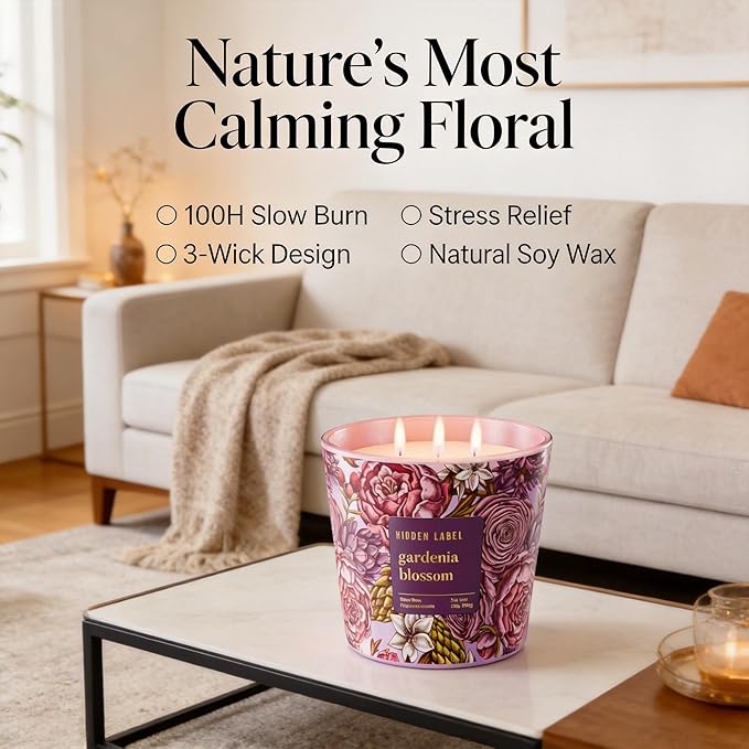 Hidden Label Gardenia Blossom Scented Candle, 30oz Large 3 Wick Natural Soy Wax Candle, 100 Hours Slow Burn Aromatherapy Candle for Stress Relief, Relax & Sleep, Gifts for Women & Men