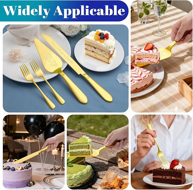 Eisinly Cake Cutting Set for Wedding, Elegant Cake Knife and Server Set with Stainless Steel Forks, Cake Cutter and Pie Spatula for Engagements, Anniversary, Bride and Groom, 4Pcs, Gold