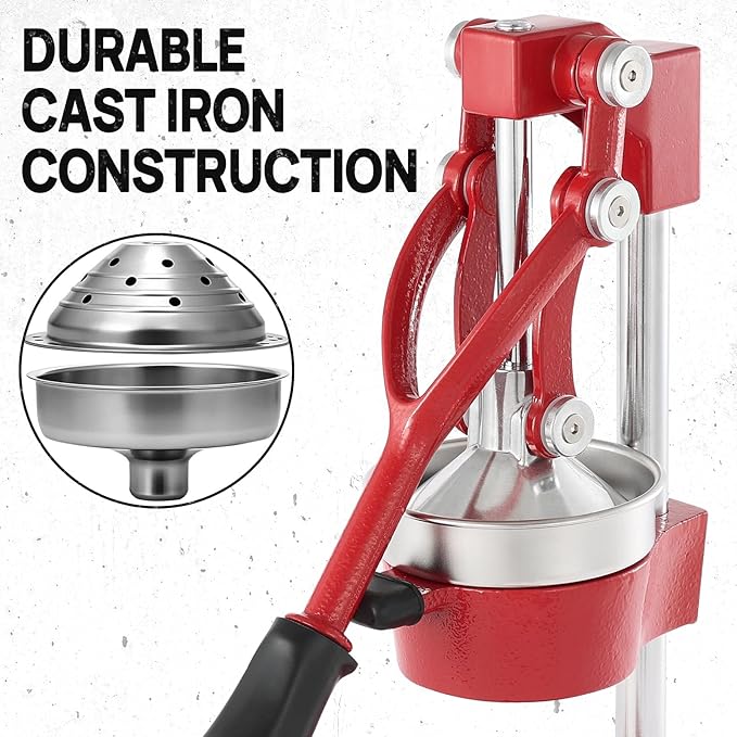 Kitchen Cast Iron Citrus Juicer,Manual Hand Press Orange Juicer,Heavy Duty Countertop Squeezer for Lemon,Orange, Easy to Use & Clean（Red)