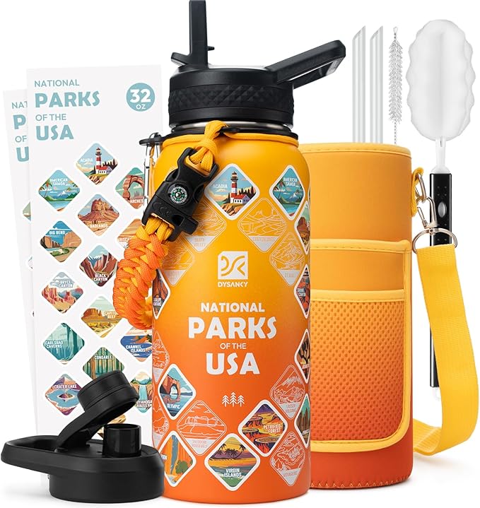 DYSANKY National Parks Water Bottle – 32 oz Insulated Stainless Steel Bottle with 63 Hand-Drawn Park Stickers, Carrier Bag, Strap & Gift Box – BPA-Free – Ideal for Hiking, Camping & Travel