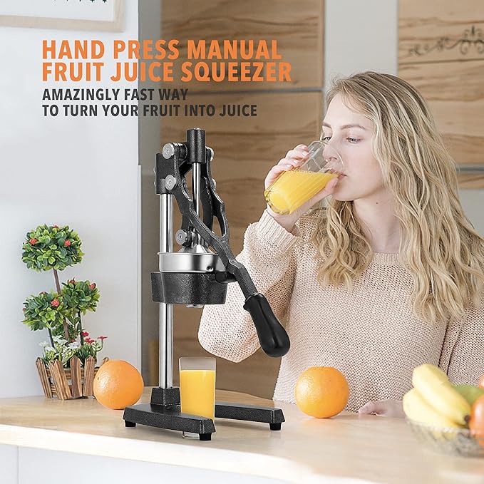 19 Inch Height Extra Tall Commercial Heavy Duty Cast Iron Hand Press Manual Orange Citrus Lemon Lime Grapefruit Pomegranate Fruit Juice Squeezer Machine with Stainless Steel Cup Black