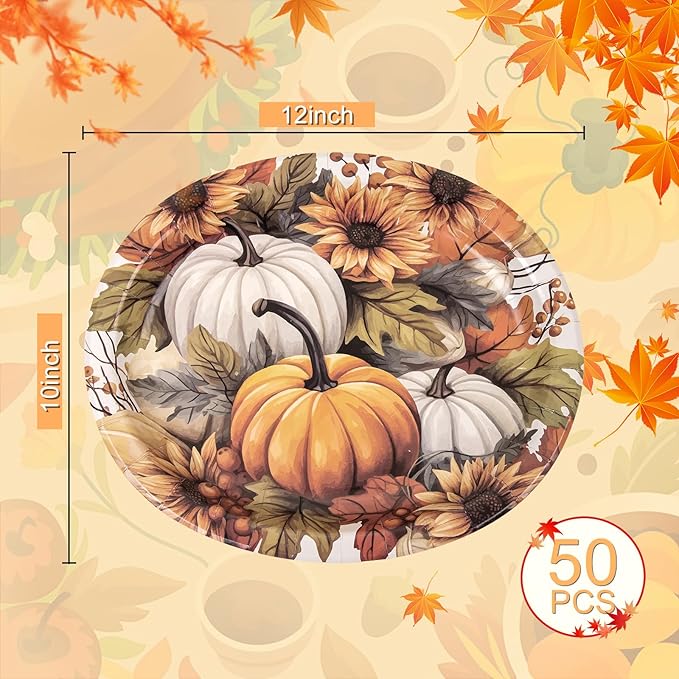 WDF 50Pack Thanksgiving Paper Plates - 10" x 12" Heavy Duty Pumpkin Paper Plates Disposable for Thanksgiving/Fall Party