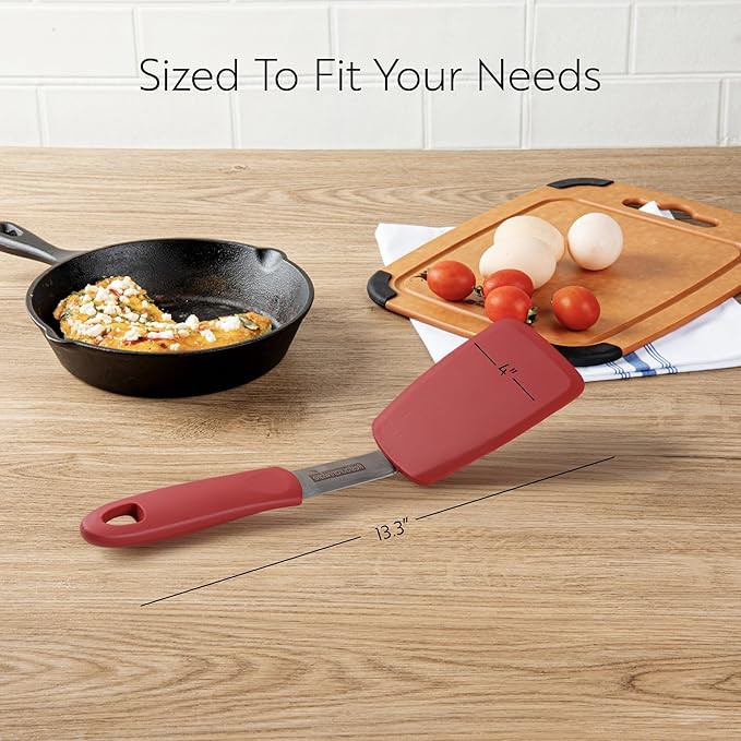 Restaurantware Comfy Grip 13.3 x 4 Inch Silicone Turner 1 Durable Cooking Turner - Stainless Steel Body Rubber Handle With Hole Red Silicone Flipper Spatula Tolerates Up To 446F Dishwashable