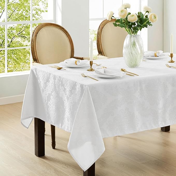 Newbridge Barcelona Luxury Damask Fabric Tablecloth, 60” Wide x 84” Rectangle, White, 100% Polyester, No Iron, Soil Resistant Dining Room, Party and Banquet Table Cover