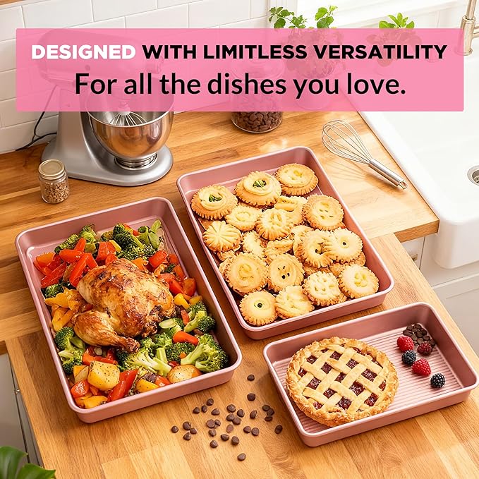 Professional Non-Stick Baking Sheets Set, 3-Piece Heavy Duty Carbon Steel Cookie Sheets with Oven Safe & Even Heating for Baking, Roasting, Cooking (Pink)