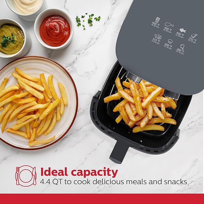 Holstein Housewares 4.4QT Air Fryer. Your All-in-One Culinary Solution. Air fry, roast, bake or grill. Adjustable temperature and time, Hot air technology and Dishwasher Safe, 1400W, Grey
