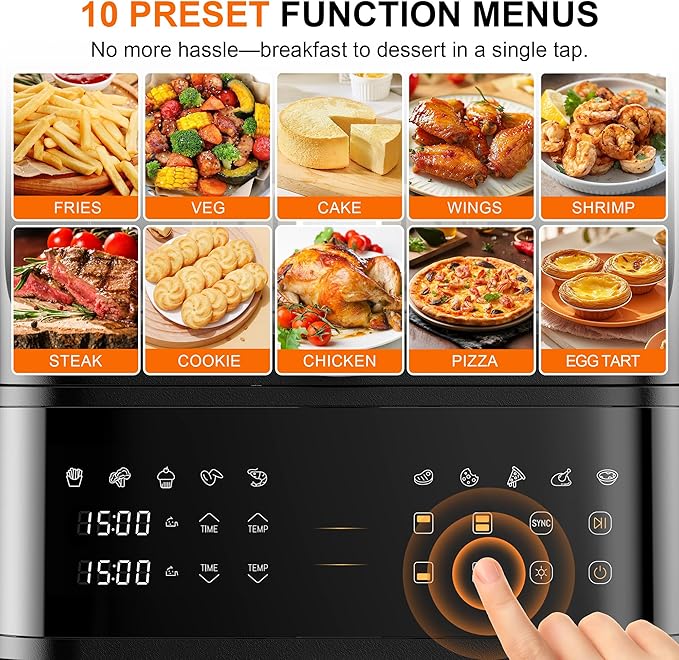 13QT Dual-Basket Air Fryer, Vertical Compact Large Air Fryers with viewing window & Independent Light, 10-in-1 Presets for Home Family, Bake/Grill/Dehydrate/Reheat, Freidora De Aire Dishwasher-Safe