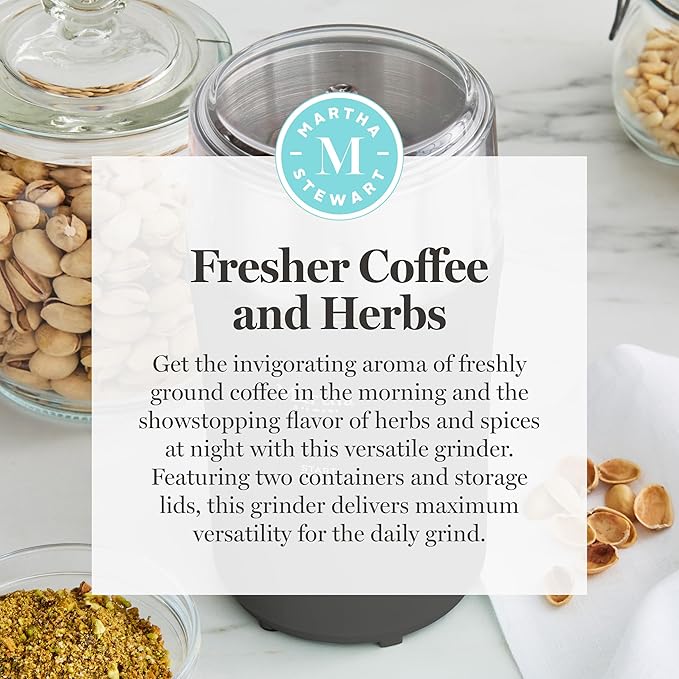 Martha Stewart Electric Coffee & Spice Grinder, Dual 2.5oz Removable Bowls, Storage Lids, Stainless Steel Blades, One Touch Pulse Control, 2-in-1 Compact, Beans & Spices, Herbs & Nuts, Caviar Gray
