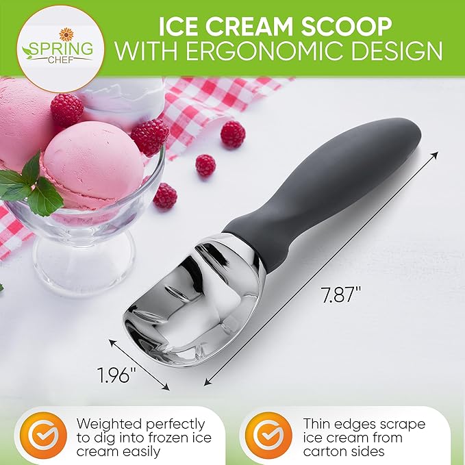 Spring Chef Heavy Duty Ice Cream Scoop with Comfortable Handle & Stainless Steel Magnetic Measuring Spoons with Leveler, Set of 8-2 Product Bundle - Gray