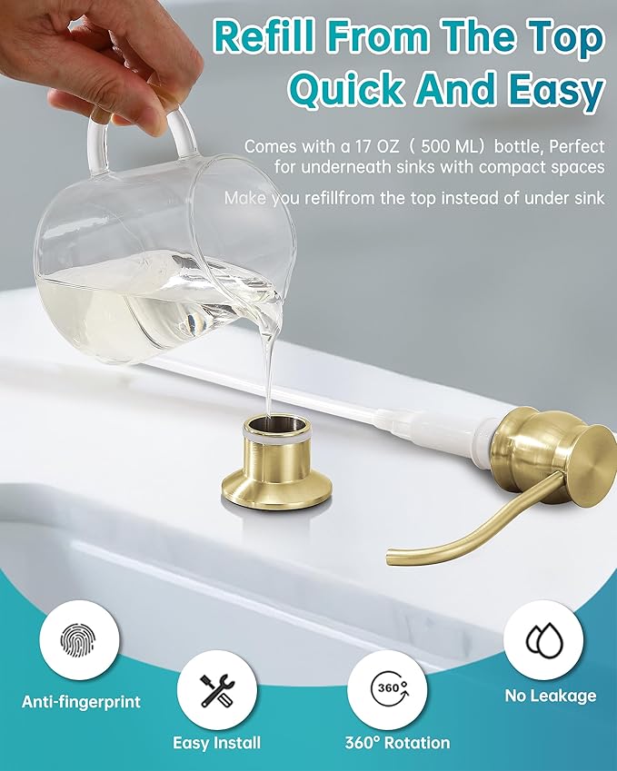 Built in Deck Mount Liquid Lotion Kitchen Countertop Metal Soap Dispenser, Brushed Gold Brass Dispenser Pump with 500ml (17oz) High Capacity Bottle