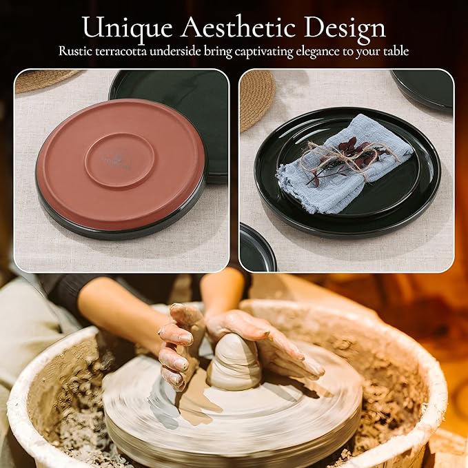 E-far Stoneware Dinnerware Sets for 8, 24 Pieces Reactive Glaze Plates and Bowls Sets, Elegant Dishes with Rustic Terracotta Clay Base, Dishwasher & Microwave Safe, Scratch Resistant, Blackish Green