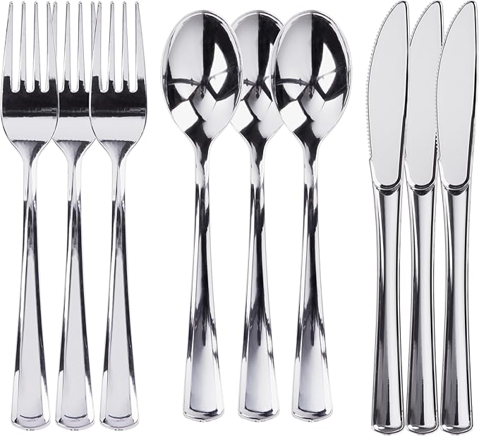Prestee 600 Plastic Silverware Set, Silver Plastic Utensils, Disposable Flatware Set with Forks 200, Spoons, Knives, Heavy-Duty Bulk Silverwares for Christmas Parties and Events