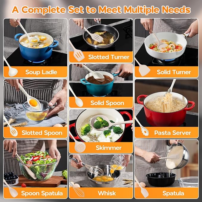 Onader Kitchen Cooking Utensils Set, 10 Pcs Silicone Non Toxic Cooking Utensils Set, Heat Resistant & Nonstick Cookware Friendly - 2 Mixed Color (Khaki & White)