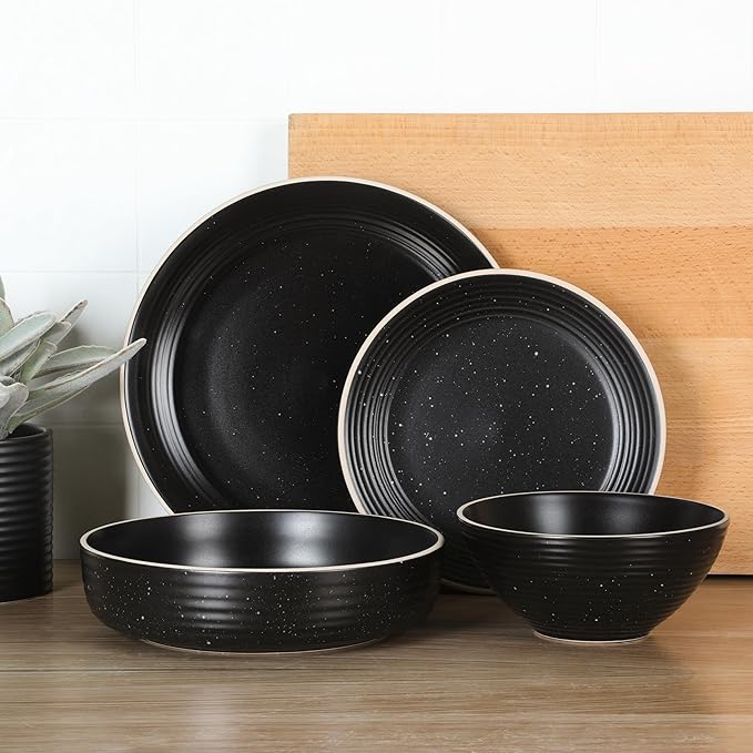 Gibson Home Dinah 16-Piece Matte Black Stoneware Dinnerware Set – Double Bowl, Embossed Speckled Design, Durable Kitchen Dinner Set