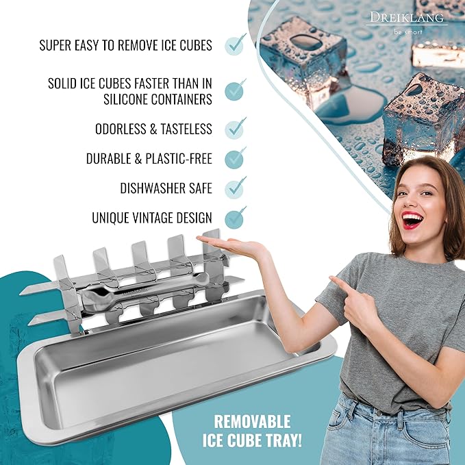 Stainless Steel Polished Set 2-Pack Ice Cube Tray for freezer Ice Cube Tray with Lever Insert for Easy Release | Food-Safe & Durable Ice Cube Maker | Plastic-Free Large