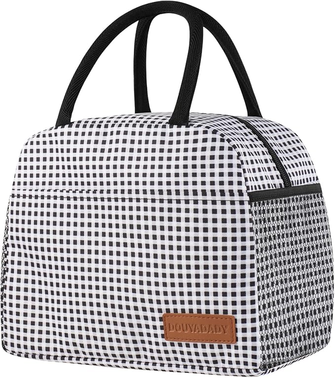 douyadady Lunch Bag Women/Men Lunch Box Women/Men (Black+White Grid)