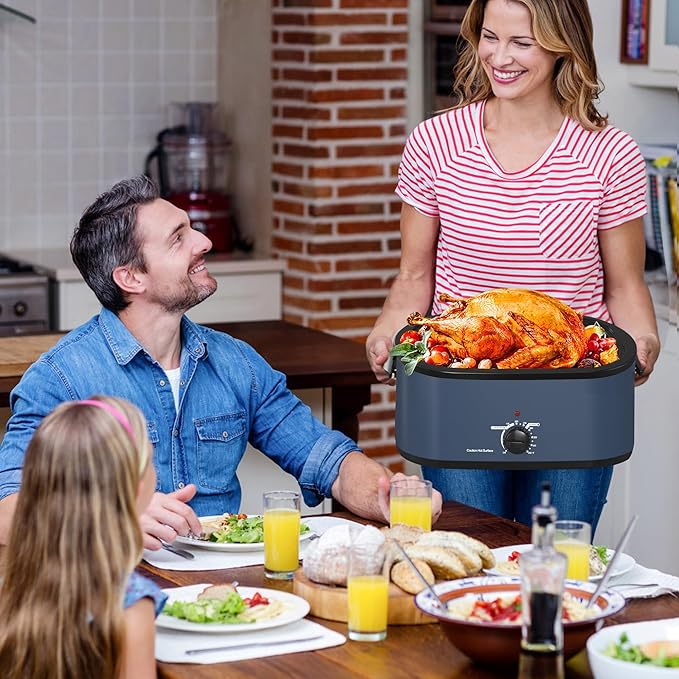 28 Quart Electric Roaster Oven with Visible & Self-Basting Lid, Large Turkey Roaster with Defrost Warm Function, Adjustable Temperature, Removable Pan Rack, Stainless Steel, Blue