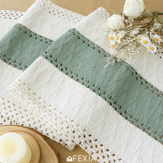 FEXIA Sage Green Table Runner 90 Inches Long with Tassels Boho Macrame Farmhouse Table Runners for Home Decor Party Bohemian Rustic Bridal Shower Dining Decor (12x90 Inches)