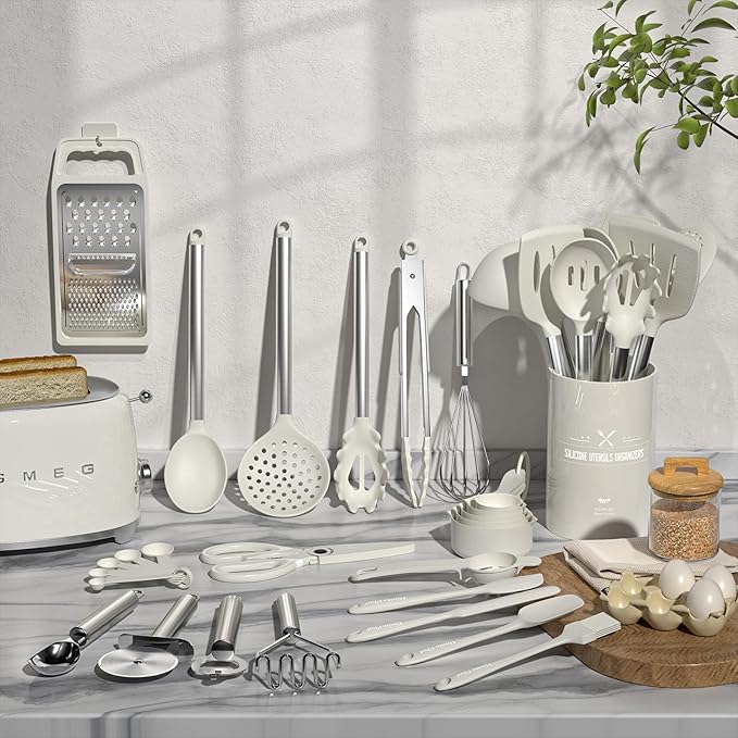 Kitchen Utensils Set-Umite Chef 34 Pcs Silicone Cooking Utensils Set for Nonstick Cookware-Silicone Spatulas Set, Stainless Steel Handle-White Kitchen Gadgets Tools, Pots and Pans Accessories