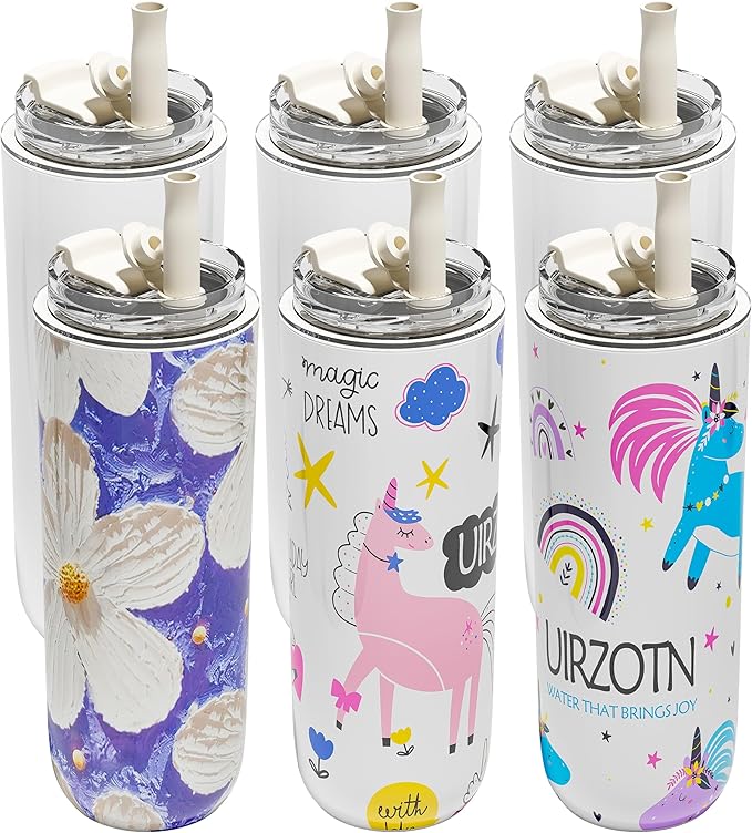 6 Pack 16 oz Sublimation Tumblers Blanks Bulk, Travel CoffeeTumblers with Straw and Lids, Reusable Cups with Lids for lced and Hot Drinks