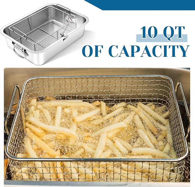 Teenyyou 10 Qt Stove Top Deep Fryer with Basket 304 Stainless Steel Deep Fryer Pan Chicken Frying Pot with Thermometer for Outdoor Kitchen Cooking French Fries Fish