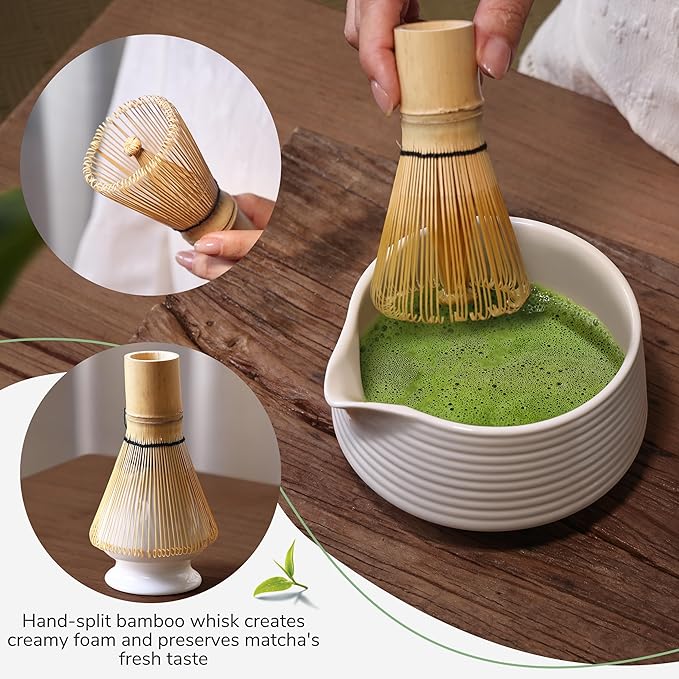HELPLX Matcha Whisk Set 10-Piece Japanese Matcha Kit with BowlWhisk & Holder2 Tea CupsBamboo ScoopSpoonSifterScoop Rest & Tea Towel – White Matcha Tea Set for Ceremony or Daily Use