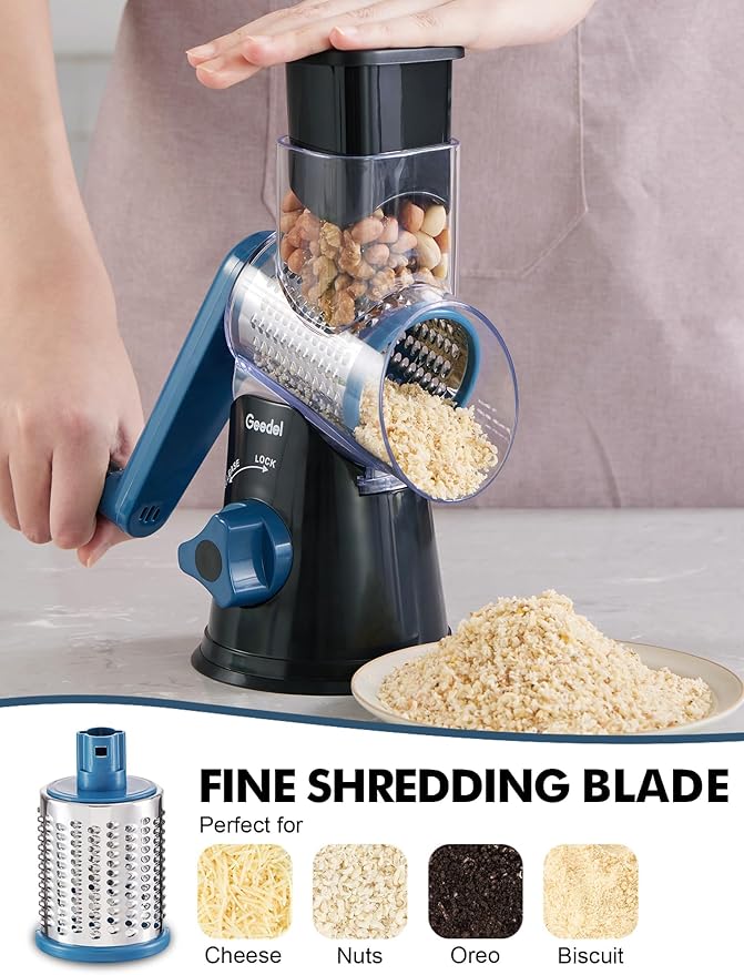 Geedel Rotary Cheese Grater, Kitchen Mandoline Vegetable Slicer with 3 Interchangeable Blades, Easy to Clean Grater and Vegetable Chopper, Onion Chopper Pro Food Chopper, Kitchen Slicer