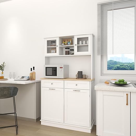 RASOO Trash Can Cabinet 67.7" Tall Kitchen Pantry Storage Sideboard Freestanding Tilt Out Trash Can 10 Gallon Glass Doors with 2 Drawers Microwave Coffe Bar