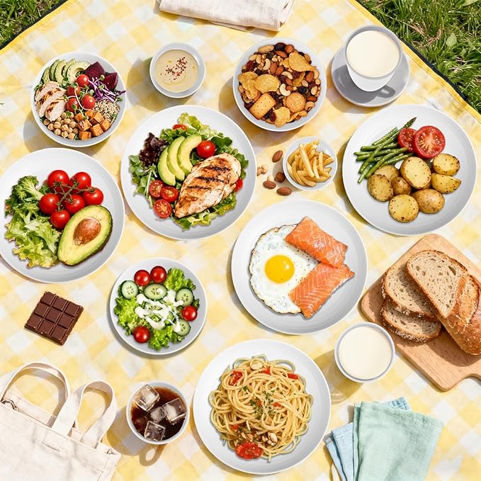 Wheat Straw Plates and Bowls Sets of 16，Unbreakable Dinnerware Sets for 4, Microwave & Dishwasher Safe Kids Dish Set for Kitchen, Outdoor, Camping, Party, RV- White