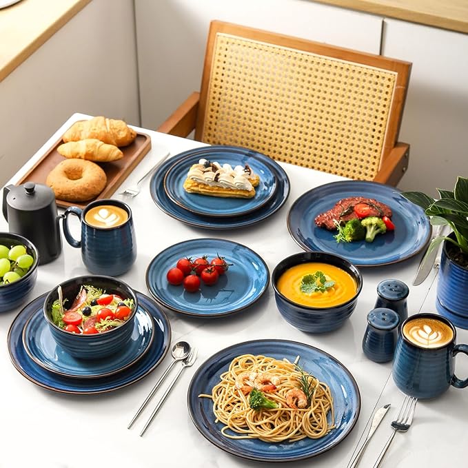 Hasense Plates and Bowls Set, 12 Pieces Ceramic Reactive Glaze Dinnerware Set of 4, Chip and Scratch Resistant Dinner Dishes Service, Handmade Serving Dish, Blue