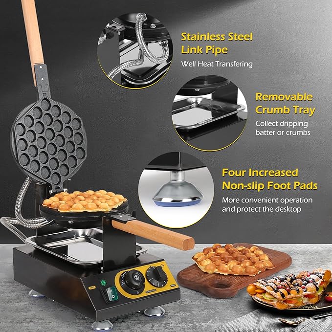 Dyna-Living Bubble Waffle Maker Commercial Bubble Waffle Machine, 1400W Egg Waffle Machine Non-stick Waffle Egg Maker with Crumb Tray, 30 Egg Cones Hong Kong Style Bubble Egg Waffle, 180° Rotating