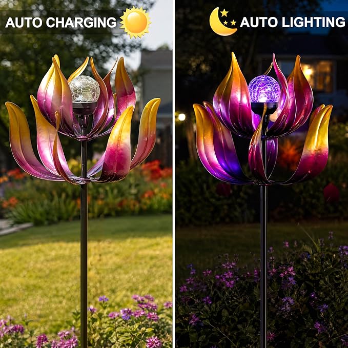 Solar Wind Spinner Outdoor Metal Decor - 61" Tall Lotus Kinetic Yard Art with Color-Changing Crackle Glass LED Light, Dual-Directional Wind Catcher Lawn Ornament for Garden, Patio & Yard Gift