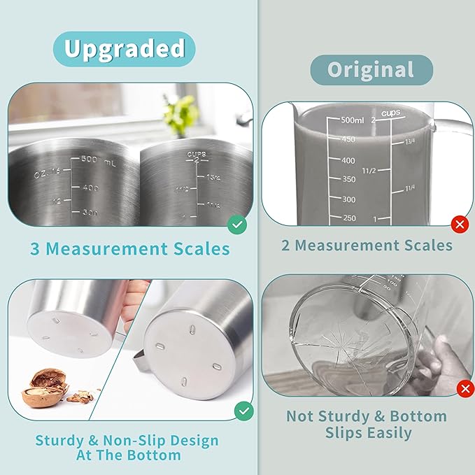 Newness 2-Pack Stainless Steel Measuring Cups Set, (3 Marking Including Cup/ML/Oz Scale) (2 & 3 Cup) Metal Measuring Cup with Handle For Prepping, Baking and Cooking, Dishwasher, Microwave Safe