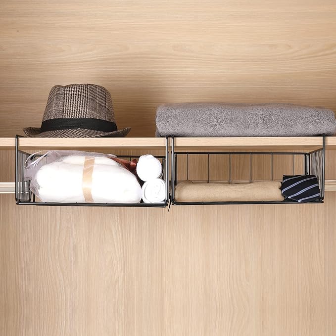 SUFAUY 2-Pack Under Shelf Basket, Under Cabinet Storage Hanging Shelf for Pantry Closet, Black