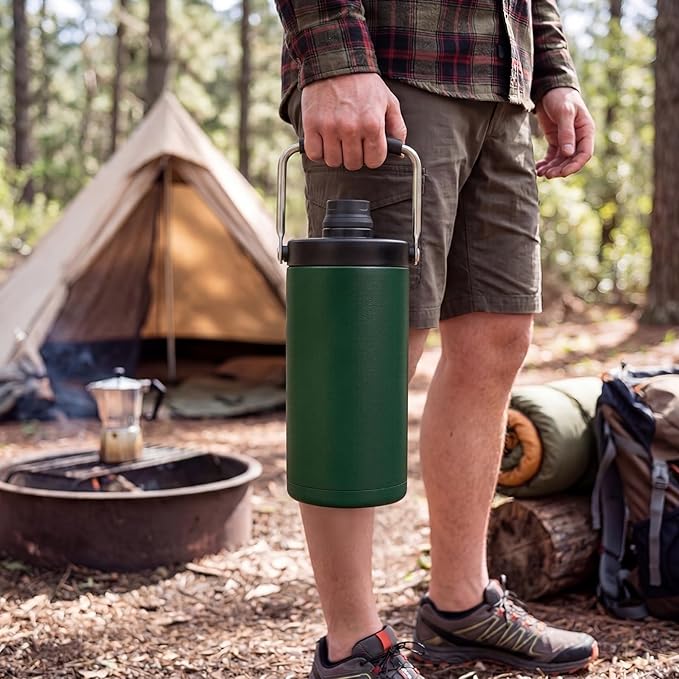 Kerilyn Insulated Half Gallon Jug with Handle, 64oz Stainless Steel, Large Double Vacuum Water Bottle for Hot & Cold Drinks, Wide Mouth, Sweat Proof, Great for Travel, Camping, Green