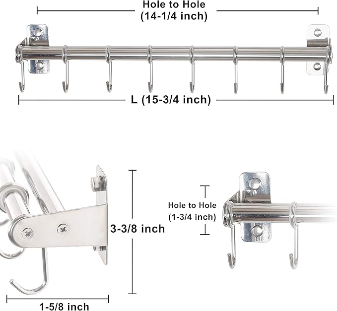Dseap Pot Rack - Pots and Pans Hanging Rack Rail with 8 Hooks, Double Bars, Pot Hangers for Kitchen, Wall Mounted, Chromed, Pack of 2