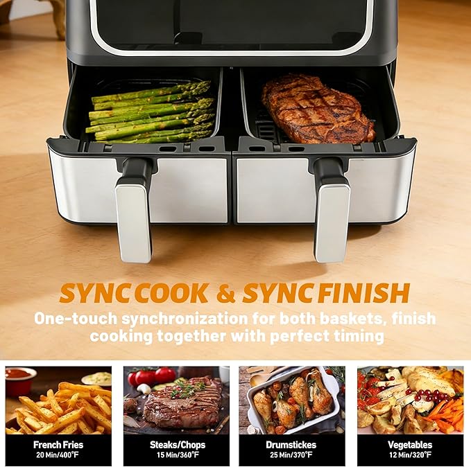2 Baskets Air Fryer 9.5 QT, 10 in 1 Dual Air Fryers with Ceramic Crisper Plate, 80-450°F Wide Temp, Smart Cooking Mode with Match & Sync Cook, Shake Reminder, Roast, Defrost, Bake, Black