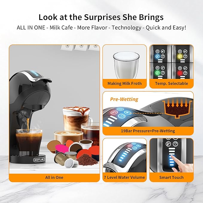 KOTLIE Single Cup Coffee Maker, Multi Capsule Machine Compatible With Various Capsule Types, 4 Temperature Settings, 7 Water Volume Levels,19 Bar(Glossy Black)
