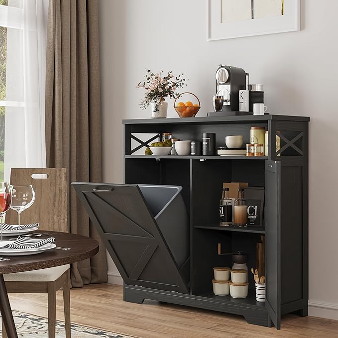 Befrases Tilt Out Trash Can Cabinet for 13 * 1 Gallon Trash Can, Farmhouse Kitchen Island Cabinet with Adjustable Shelf for Hidden Laundry Basket, Dog Proof Garbage Can for Dining Living Room, Black