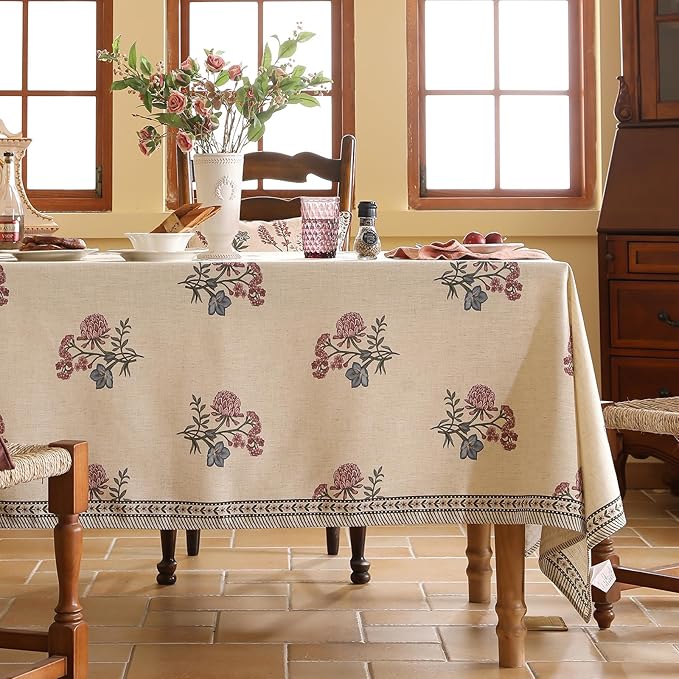ISAENNE Designer Linen Light Beige Small Square Tablecloth,French Colorful Floral Table Cloth,Stain Resistant Decor Tablecloths for Dining Thanksgiving Christmas Kitchen,55"*55"-Helena E