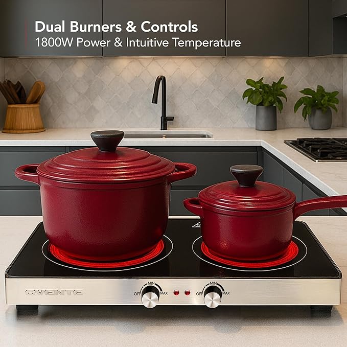 OVENTE Infrared Ceramic Double Burner, 1800W Electric Countertop Hot Plate with Black Crystalline Glass, Portable Stainless Steel Cooktop for Home, Office, or Dorm Use, Black BGI302GB