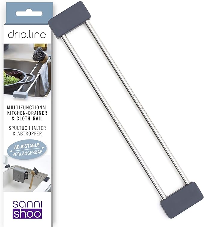 Sanni Shoo drip.line Pure - Versatile and Adjustable Kitchen Rack Drip Tray for Dishcloths, Brushes, and Bottles - Hygienic Storage - Made ofStainless Steel and Silicone