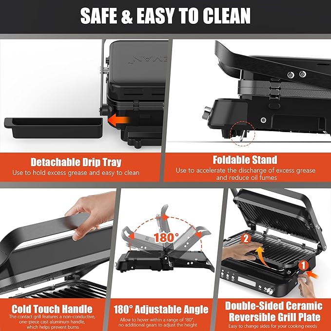 CATTLEMAN Panini Grill Press Sandwich Maker with Removable Plates, 1600W, 6 in 1 Waffle Maker & Electric Indoor Grill with Meat Thermometer, PFAS Free Ceramic Nonstick Reversible Plates, Opens Flat