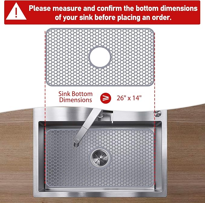 Bestjing Silicone Sink Mat - Protectors for Kitchen Sink with Center Drain, 26"x 14" Kitchen Grid Accessory, Non-Slip Heat-Resistant Mat for Bottom of Farmhouse Porcelain Stainless Steel (Center Hole)