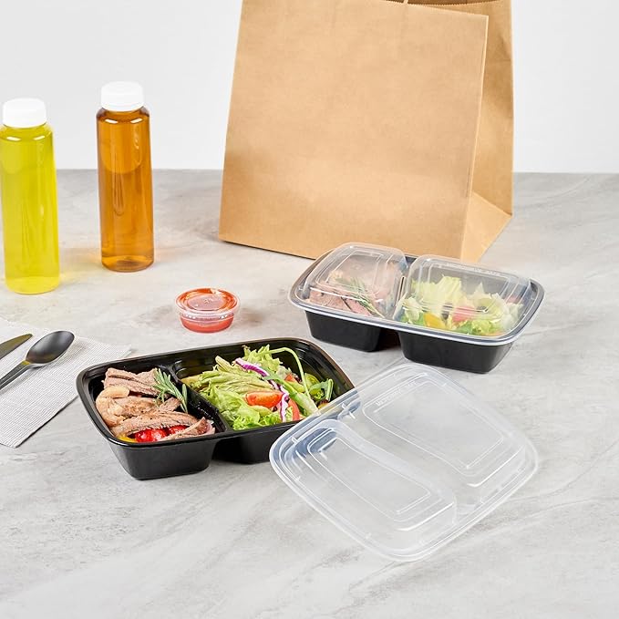 Asporto 32 Ounce Compartment Take Out Boxes, 50 Microwavable Meal Prep Containers - 2 Compartments, With Clear Plastic Lids, Black Plastic Food Containers, Do Not Contain BPA - Restaurantware