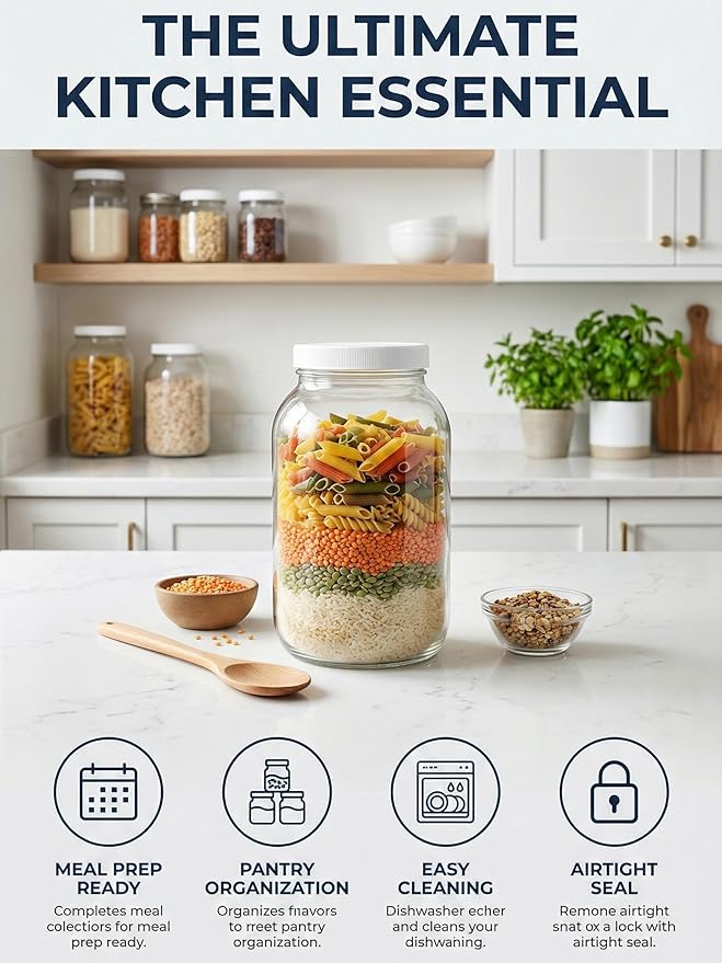Sally's Organics Large 1 Gallon Glass Jars with Lids - Made in the USA - Wide Mouth BPA-Free Lid, Chalk Labels – Sun Tea, Fermenting, Kombucha, Pickling, and Cookie Storage Jar – USDA, Dishwasher Safe