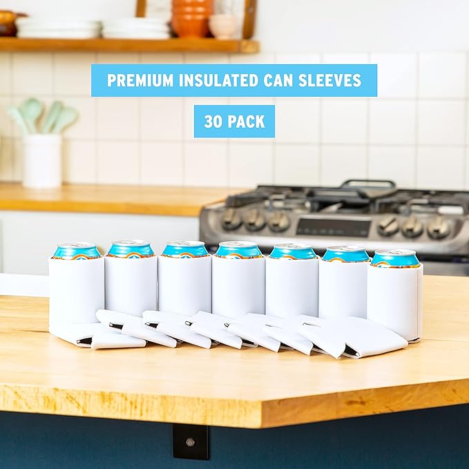 Blank Beer Can Coolers Sleeves (30-Pack) Soft Insulated Beer Can Cooler Sleeves - HTV Friendly Plain Can Sleeves for Soda Beer Cans & Bottles - Blanks for Vinyl Projects Wedding Favors & Gifts (White)