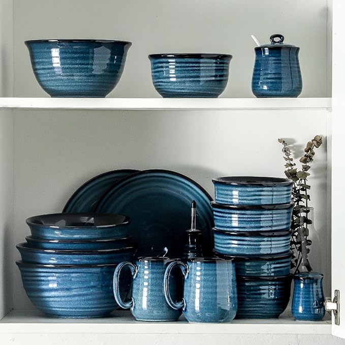 Hasense Ceramic Plates and Bowls Dishes Set, 12 Pieces Handmade Reactive Glaze Dinnerware Set of 4 (Plates, Pasta bowls, Cereal Bowls), Chip and Scratch Resistant Dinner Dishes Service, Blue