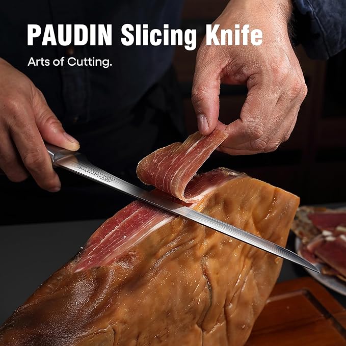 PAUDIN 10 Inch Ham Slicing Knife, Professional Carving Knife for Meat, High Carbon Stainless Steel, Ergonomic Pakkawood Handle with Sheath, Ultra Sharp Blade for Prosciutto/Jamon Serrano, Gift Box